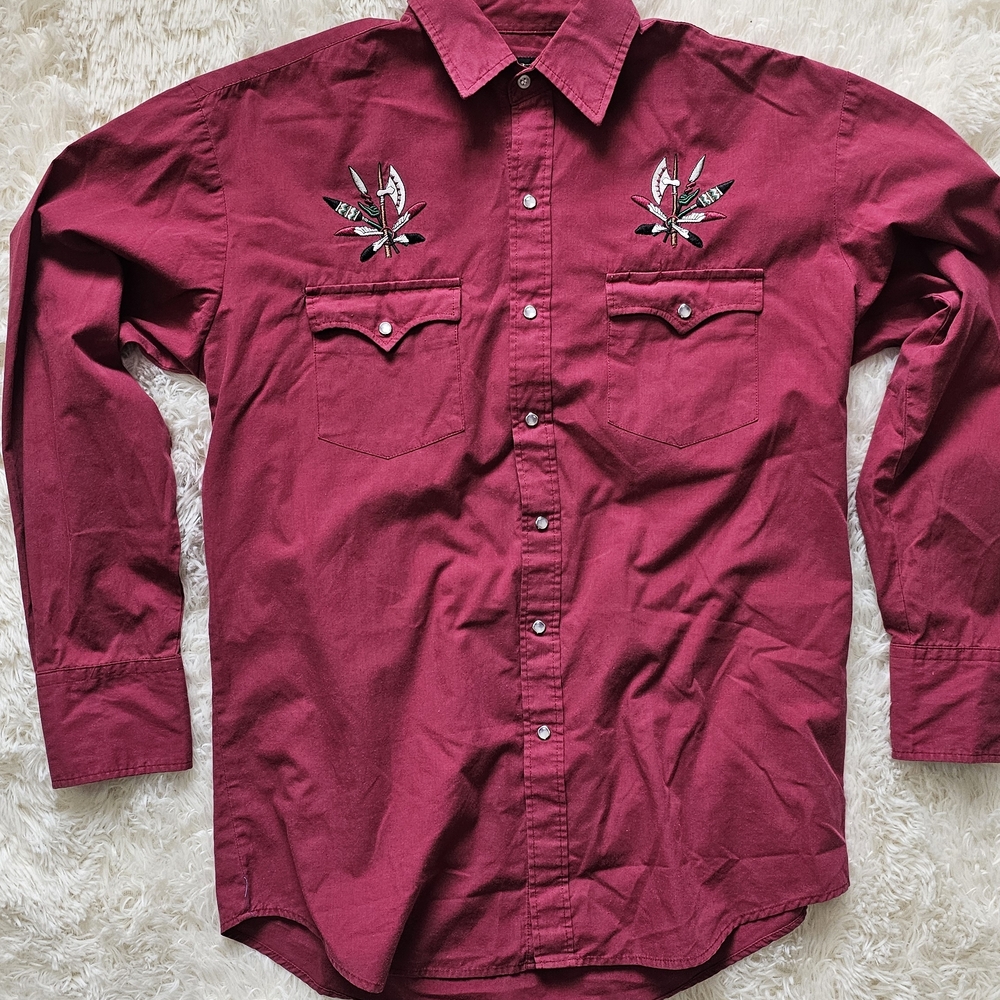 Vintage High Noon Red Cowboy Brush Popper Embroidered Mens Pearl Snap Sz Medium